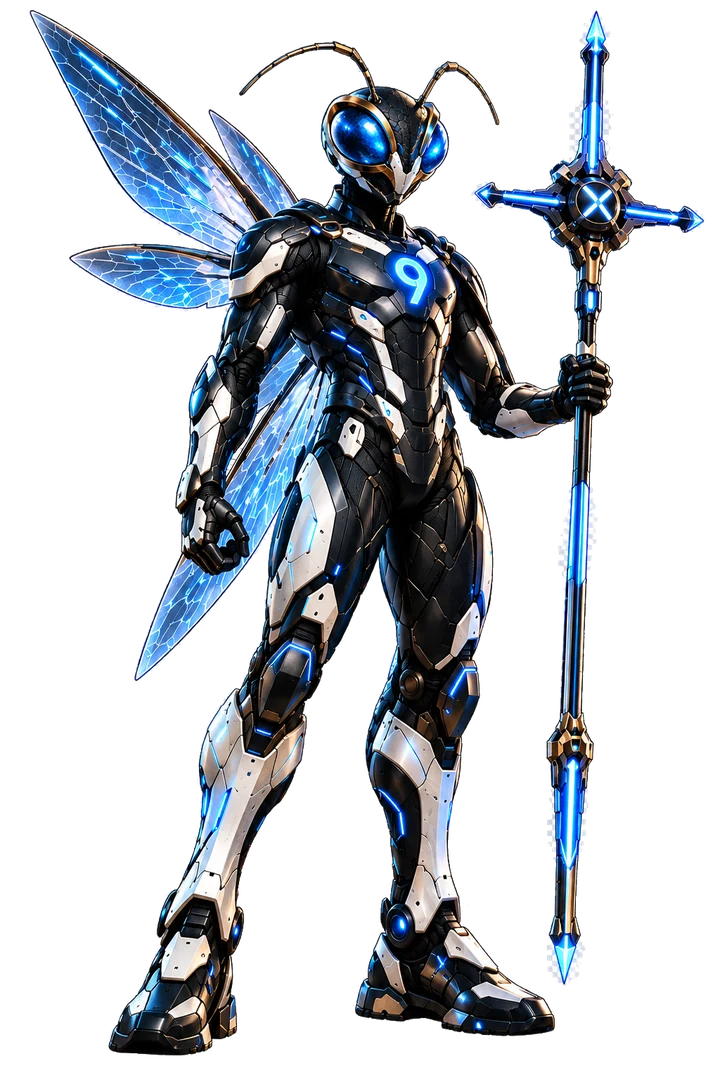 STAX9, the StatAxis explorer: a winged insect-like figure in black and white armour with a glowing blue 9 on the chest, holding the Axis staff